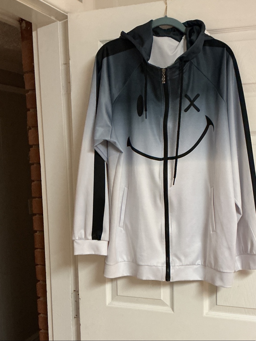 Black & White Ombre Hooded Zip Jacket with Smiley Graphic